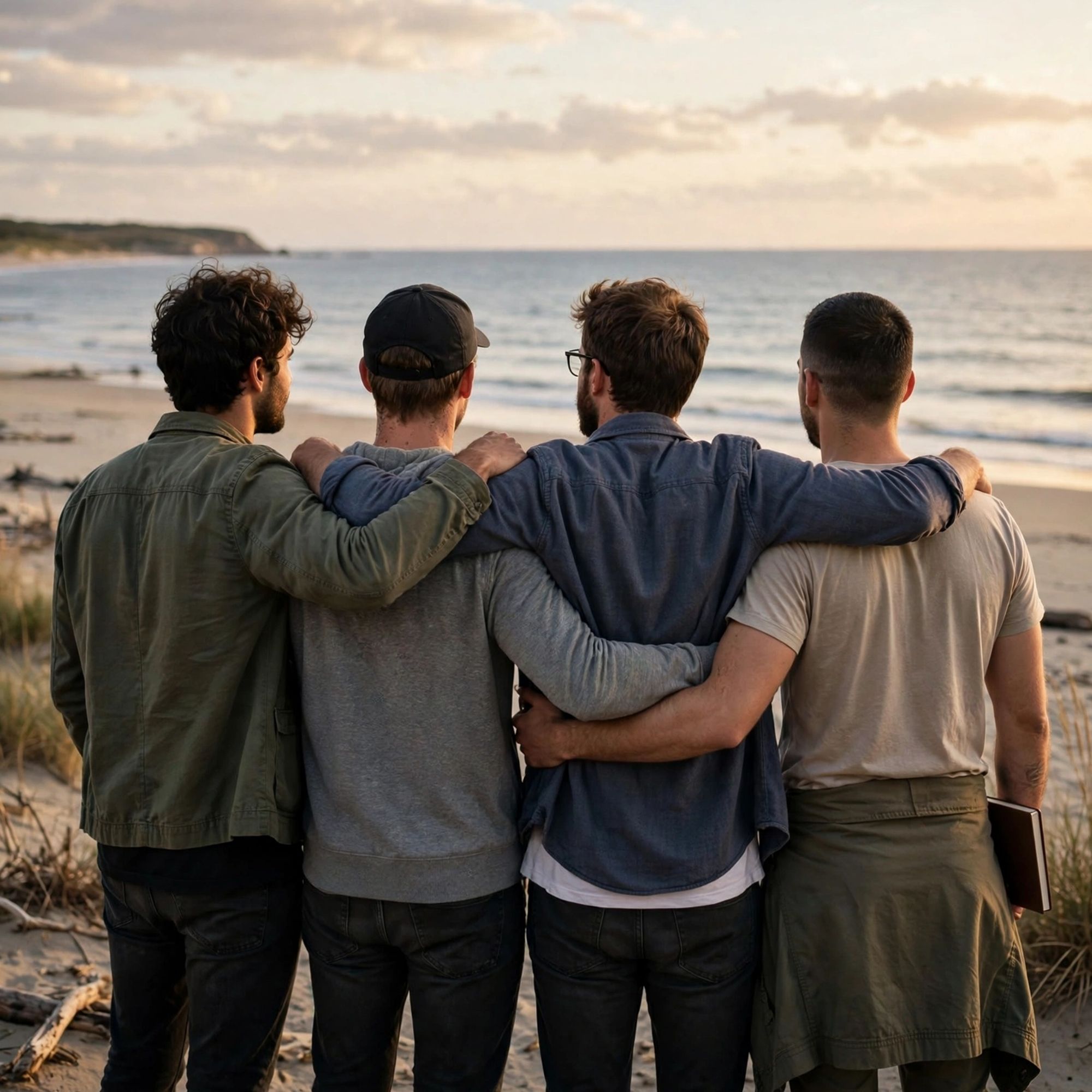 Quatro homens de costas abraçados olhando mar e horizonte